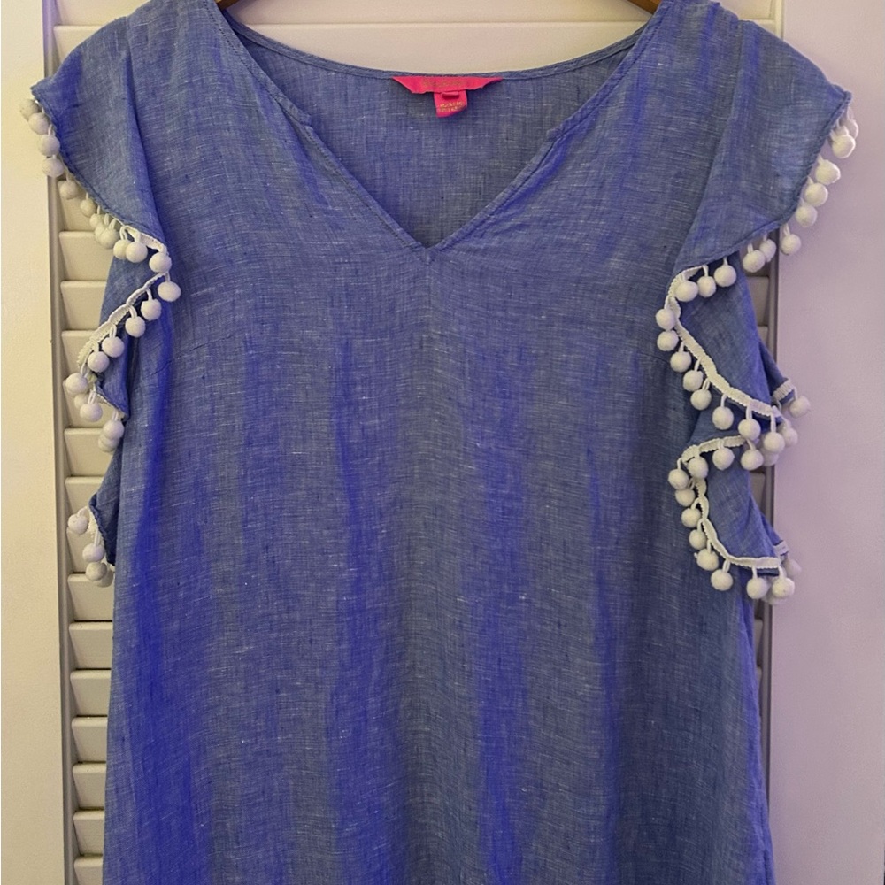 Lilly Pulitzer Blue Blouse with White Pom-Pom Trim